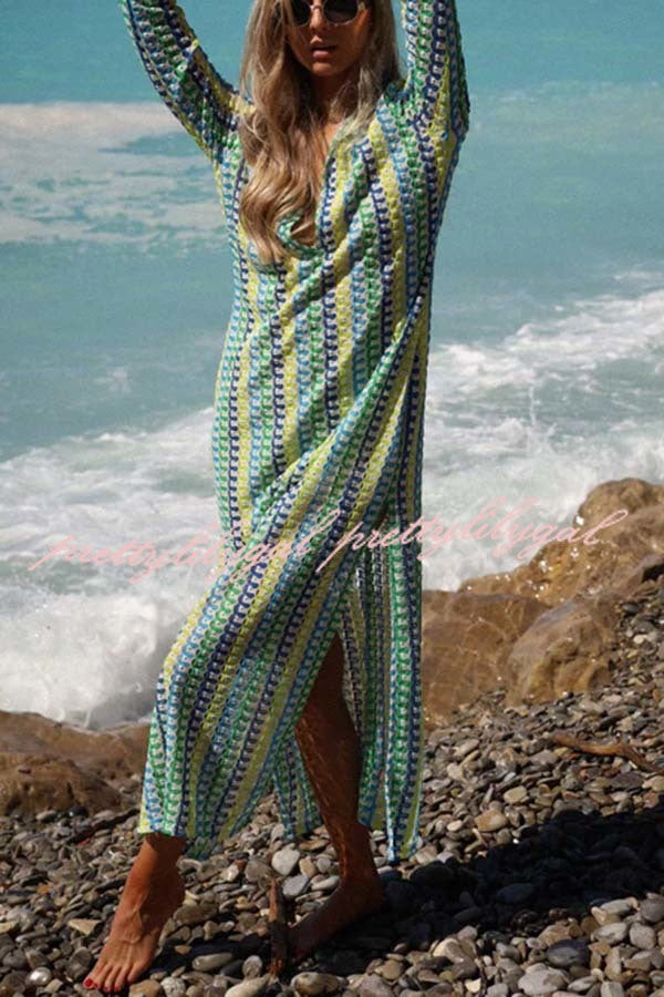 Eleanor Knit Colorful Wave Unique Print Shirt U-neck Long Sleeve Slit Maxi Dress