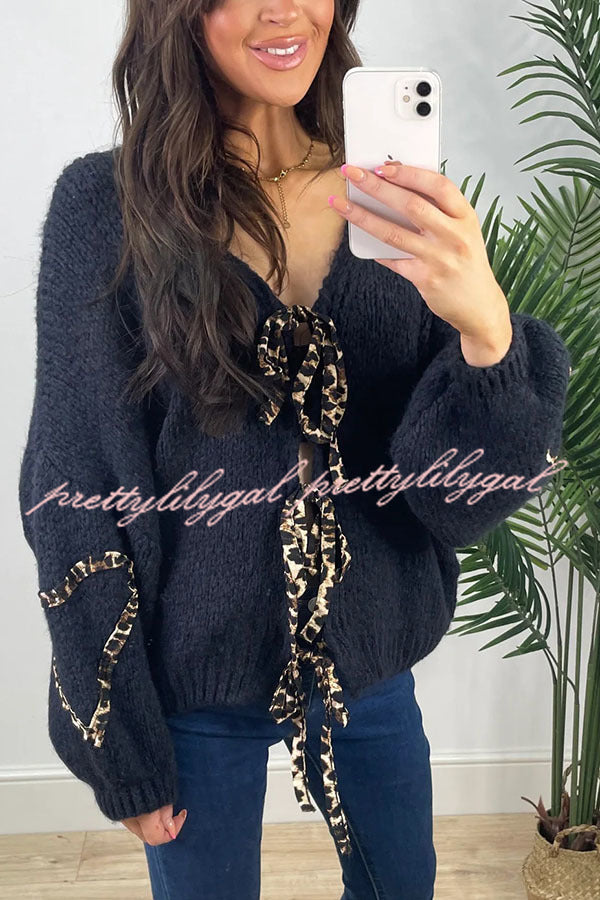 Fashionable Loose Long-sleeved Leopard Print Lace-up Knitted Sweater Cardigan