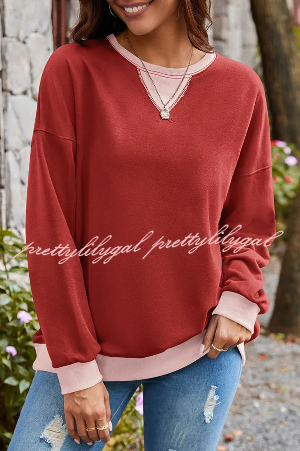 Fashionable Contrasting Color Loose Long-sleeved Casual Sweatshirt