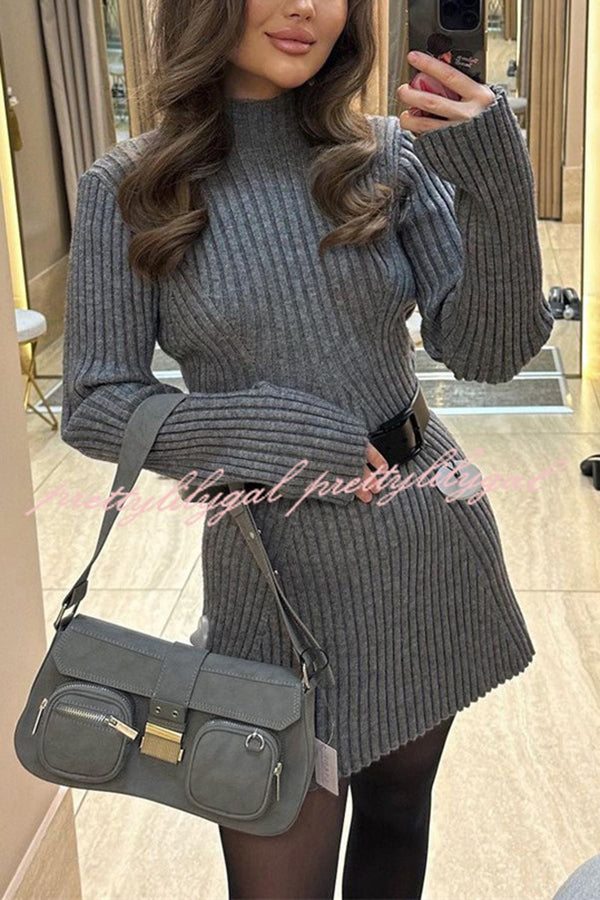 Beautiful Basic Ribbed Knit Long Slit Sleeve Flare Stretch Dress