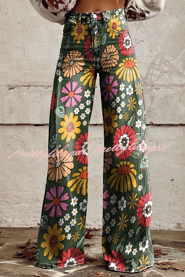 Casual Floral Print Button Pocket Wide Leg Pants