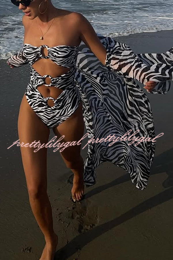 Marsie Zebra-print Elastic Drawstring Waist Long Bell Sleeve Cover-up Kimono