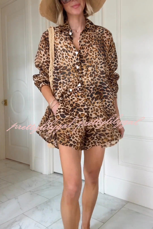Trisha Linen Blend Leopard Print Long Sleeve Blouse and Elastic Waist Pocket Loose Shorts Set