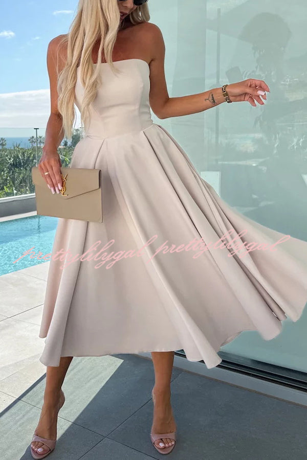 Sweet Cascade Solid Color Off Shoulder Pocket Full Hem Midi Dress
