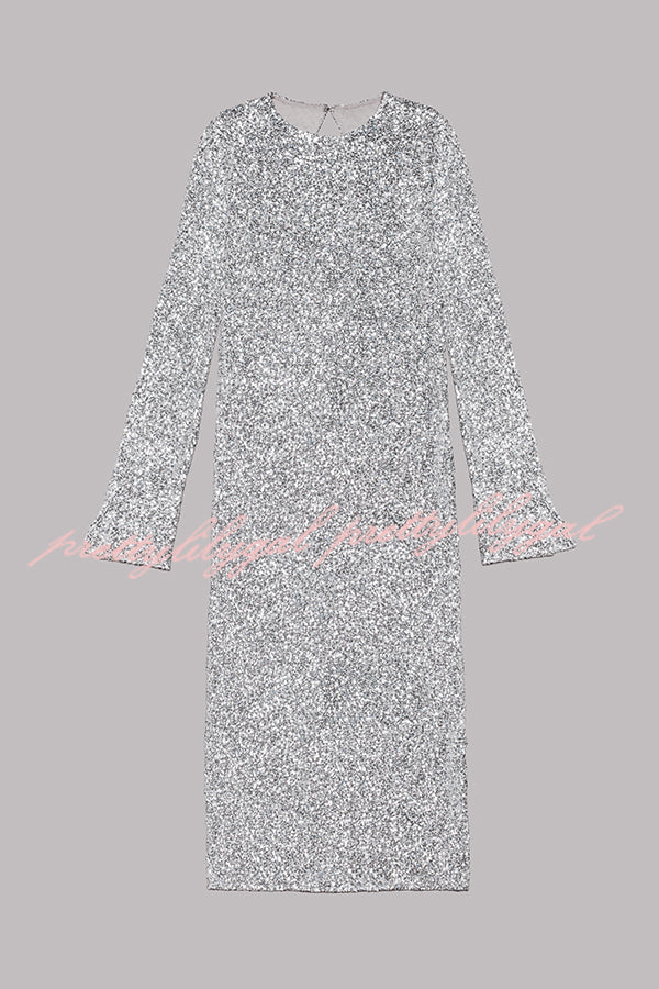 Ignite Sparkly Nights Sequin Extra Long Sleeve Open Back Loose Midi Dress