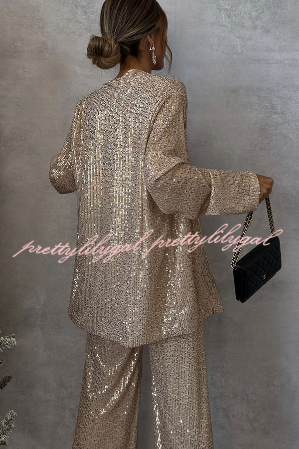 Party Scene Sequin Open Front Long Sleeve Drape Coat