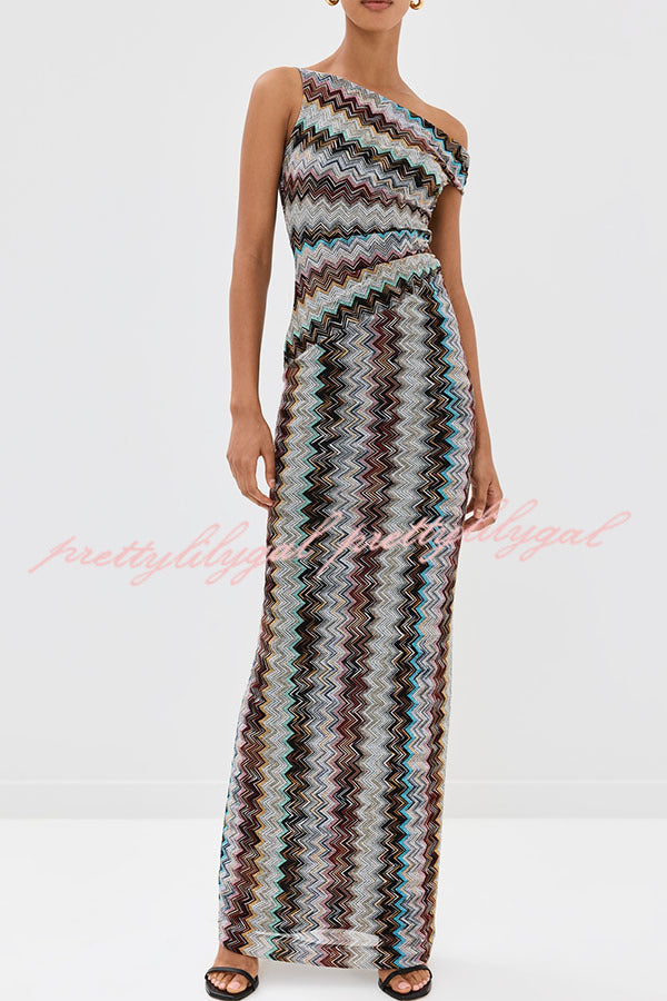Cocktails and Vacation Knit Colorful Zigzag Pattern One Shoulder Slit Maxi Dress