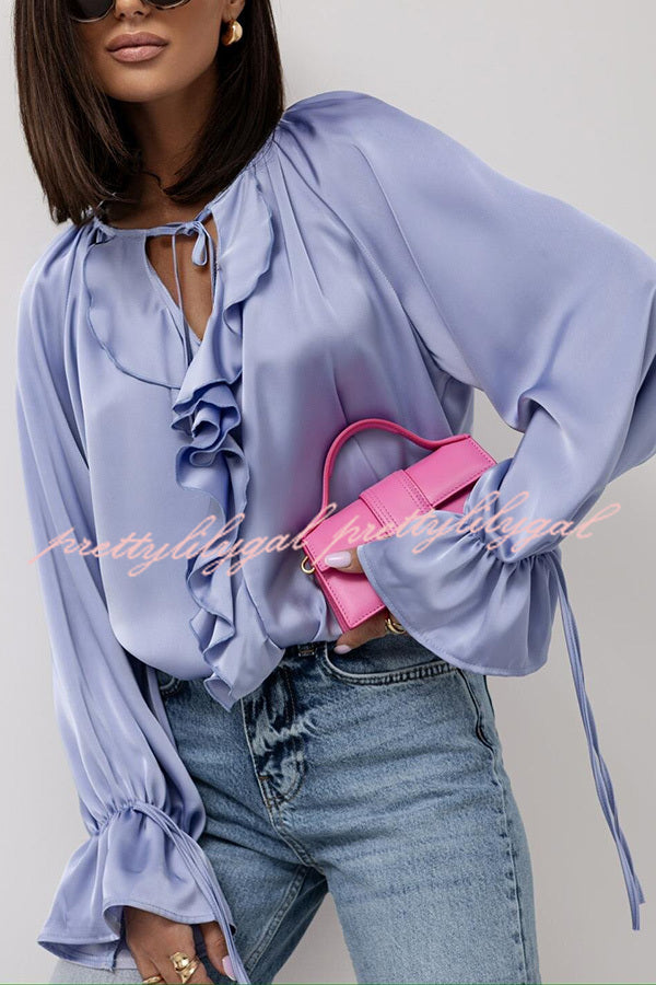 Satin Solid Color V-neck Tie Ruffle Casual Shirt