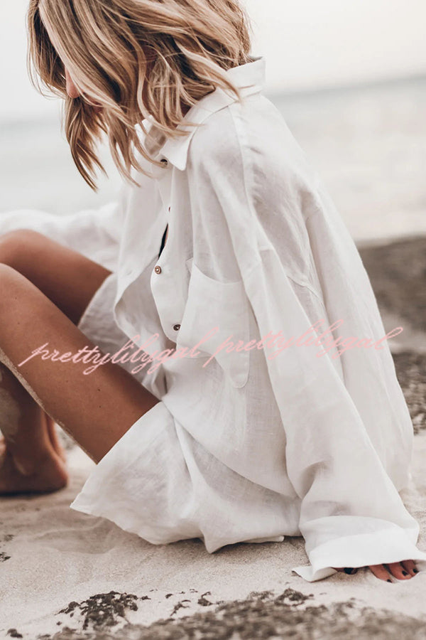 Go To The Beach Linen Blend Pocketed Long Sleeve Oversized Shirt