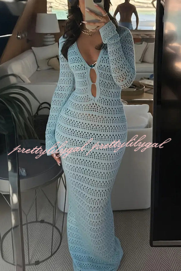 Solid Color Knit Hollow Long Sleeve Vacation Cover Up Maxi Dress