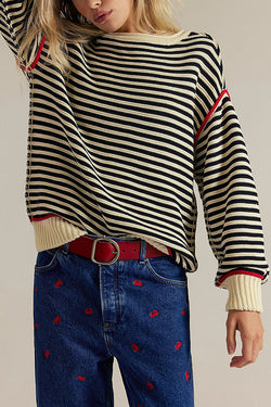 Fashion Striped Colorblock Loose Round Neck Long-sleeved Knitted Sweater