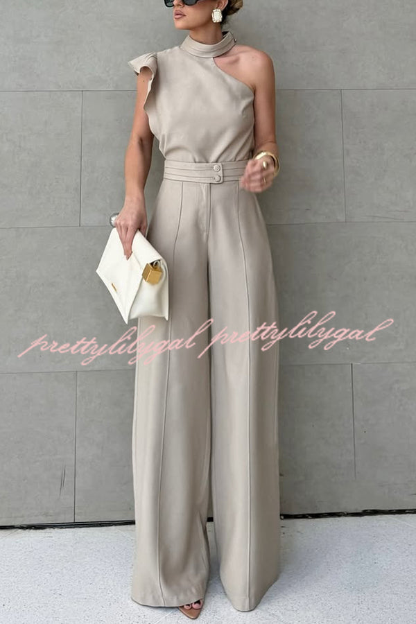 Fashionable One-shoulder Ruffled Top and Casual Simple Straight-leg Suit Pants Set