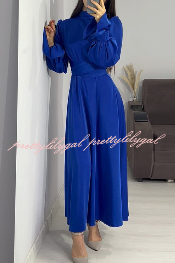 Solid Color Ruffled Sleeves Waisted Tie Slim Fit Maxi Dress