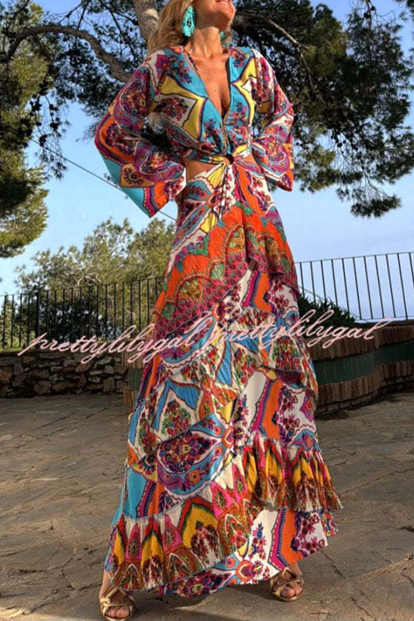 Colorful Day Unique Print Bell Sleeve Cutout Waist Layered Maxi Dress