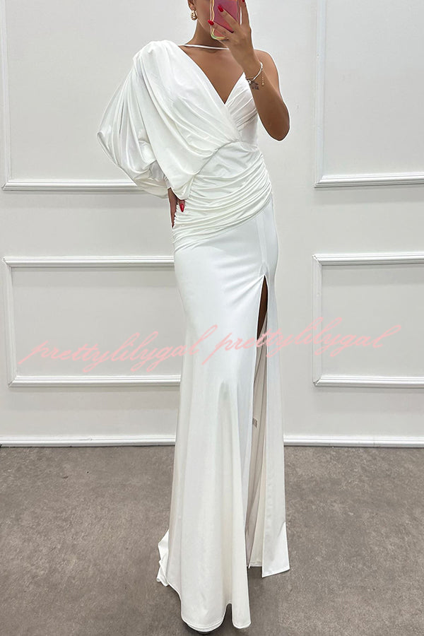 Like Venus One Shoulder Bat Sleeve Ruched Detail Slit Gown Maxi Dress