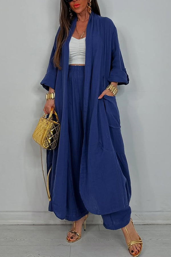 Solid Color Loose-fitting Long-sleeved Cardigan with Pockets and Elastic Waist Casual Wide-leg Pants Set