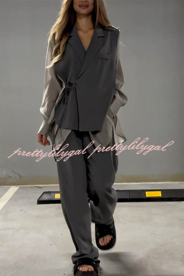 Chic and Elegant Chiffon Patchwork Irregular Lace-up Jacket and Pocketed Straight-leg Pants Set