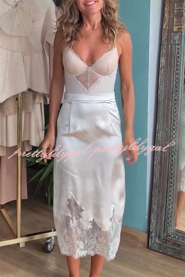 Lola Satin Lace Trim High Rise Side Zipper Loose Midi Skirt