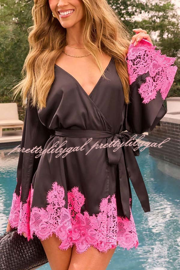 Joyful Bond Satin Lace Trim Contrast Color Bell Sleeve Tie-up Kimono Mini Dress
