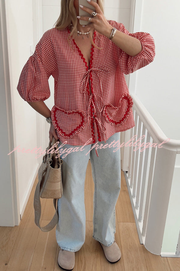 Lovely Plaid Heart Pattern Casual Lace-up Pocket Loose Shirt