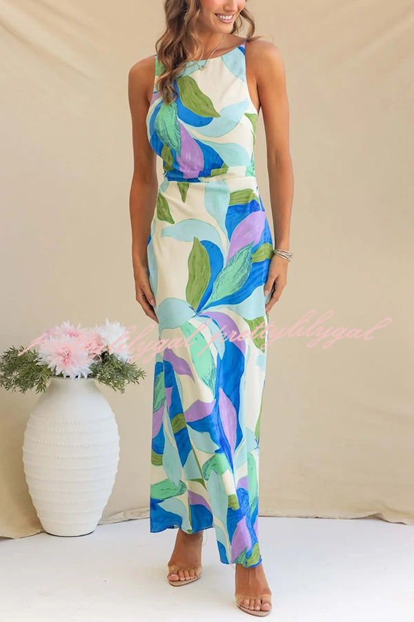 Botanical Print Sexy Sleeveless Open Back Maxi Dress