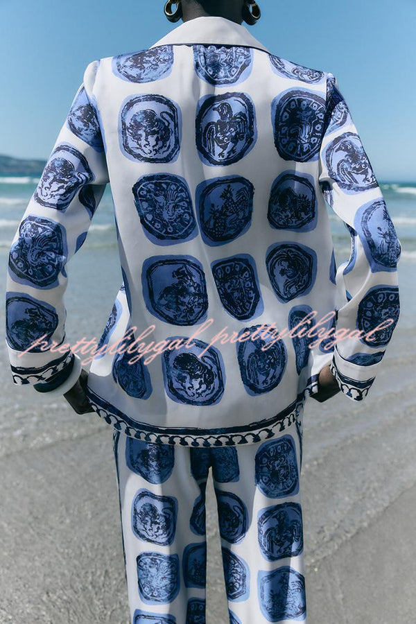 Unique Print Lapel Long Sleeve Shirt and Elastic Waist Wide Leg Pants Set