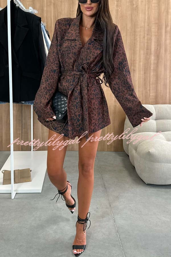 Ashley Leopard Print Belted Pocket Lapel Loose Blazer and High Rise Skorts Set