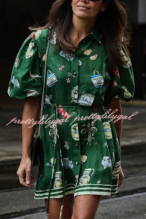 Linen Blend Unique Print Puff Sleeve Casual Mini Dress