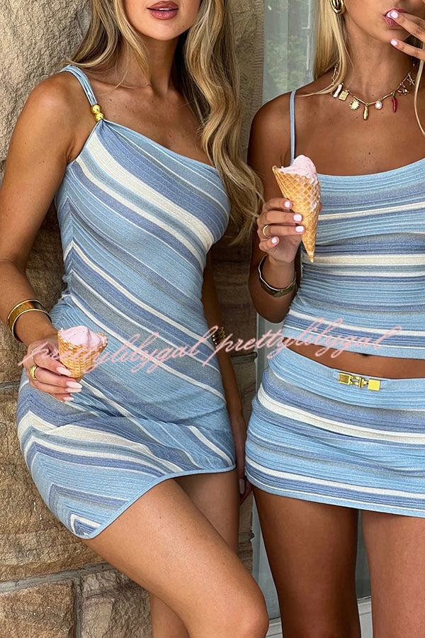 Hot Summer Girls Knit Striped Metal Beaded One Shoulder Stretch Mini Dress