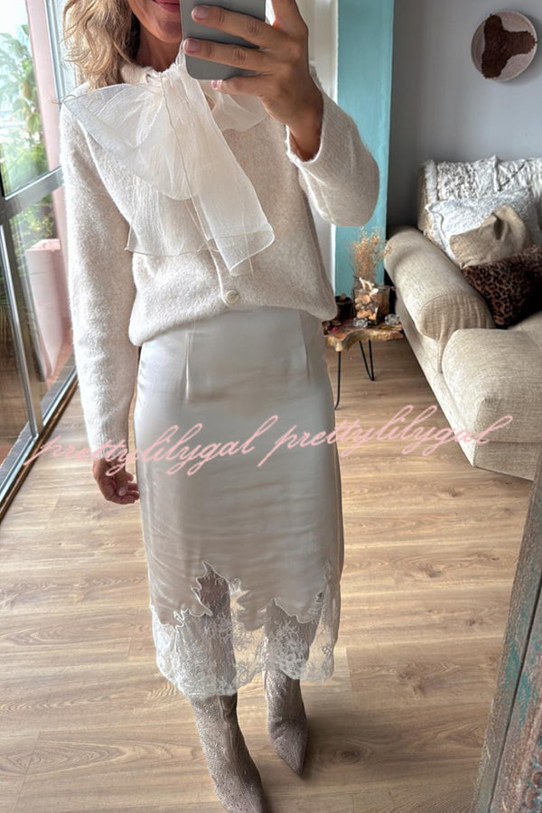 Orozco Knit Organza Bow Button-down Long Sleeve Loose Cardigan