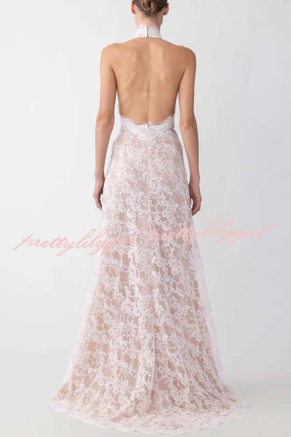 Cheongsam Style Lace Mandarin Halter Neck Backless Slit Maxi Dress