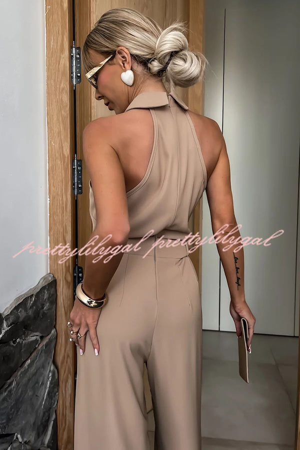 Fashionable Unique Look Halter Shirt Collar Pocketed Wide Leg Jumpsuit