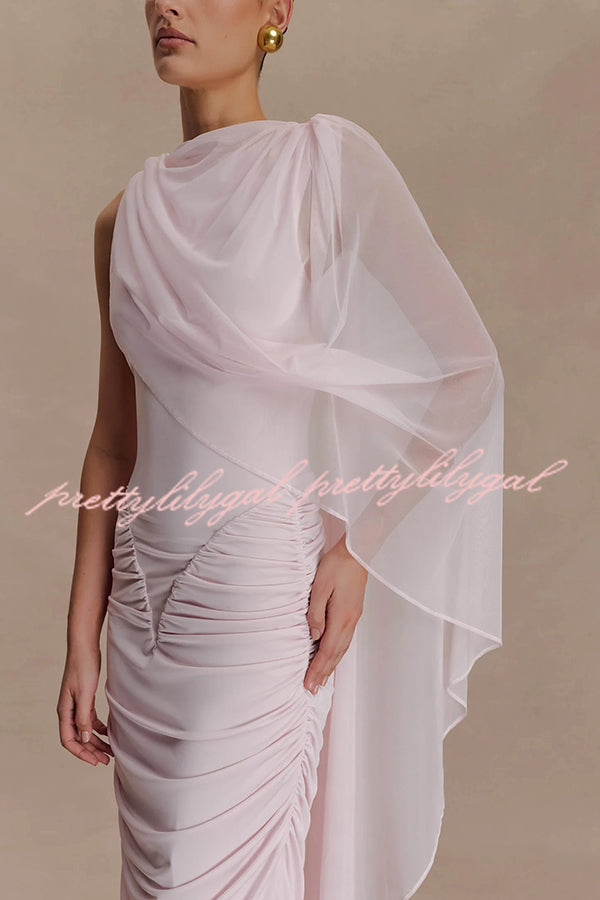 Fashionable Mesh Shawl Sleeveless Slim Fit Pleated Maxi Dress