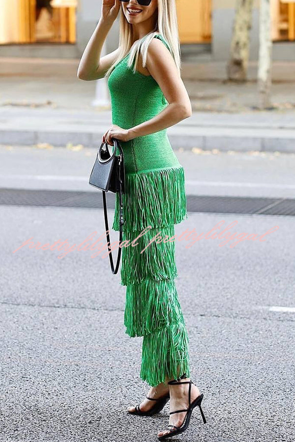 Solid Color Sleeveless Slim Fit Fringed Hem Knitted Midi Dress