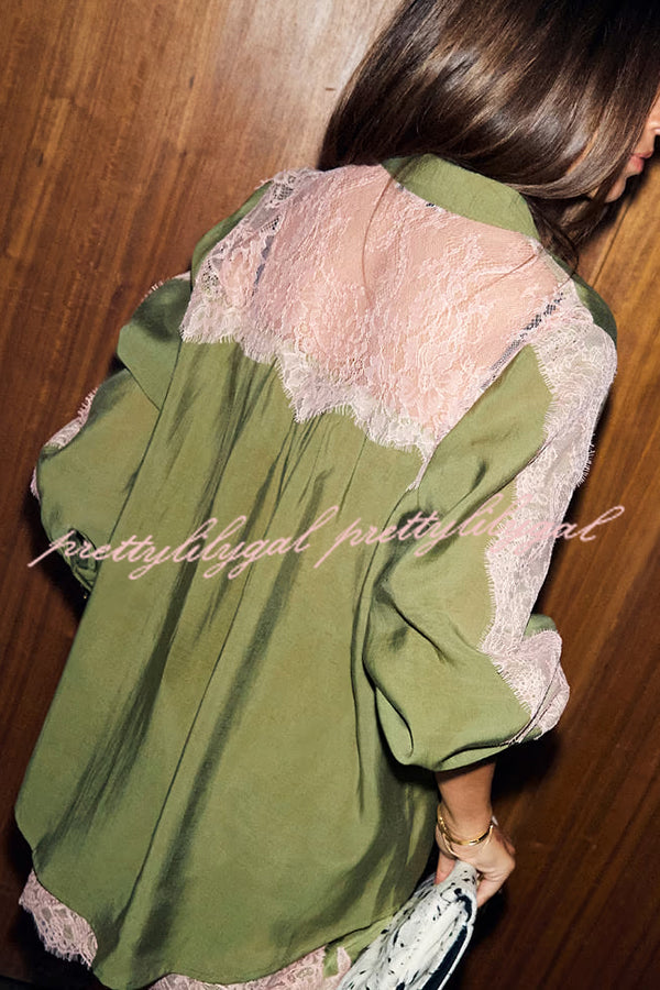 Eye-catching Work Contrast Color Lace Trim Button Up Long Sleeve Loose Blouse