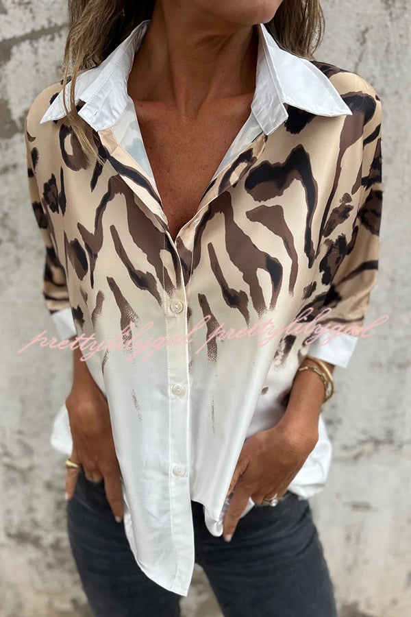 Classic Wild Satin Gradient Leopard Print Loose Short-sleeved Blouse