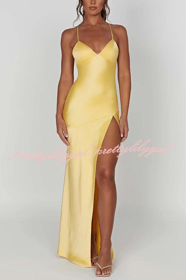 Satin Solid Color Sexy Backless Lace Up High Slit Maxi Dress