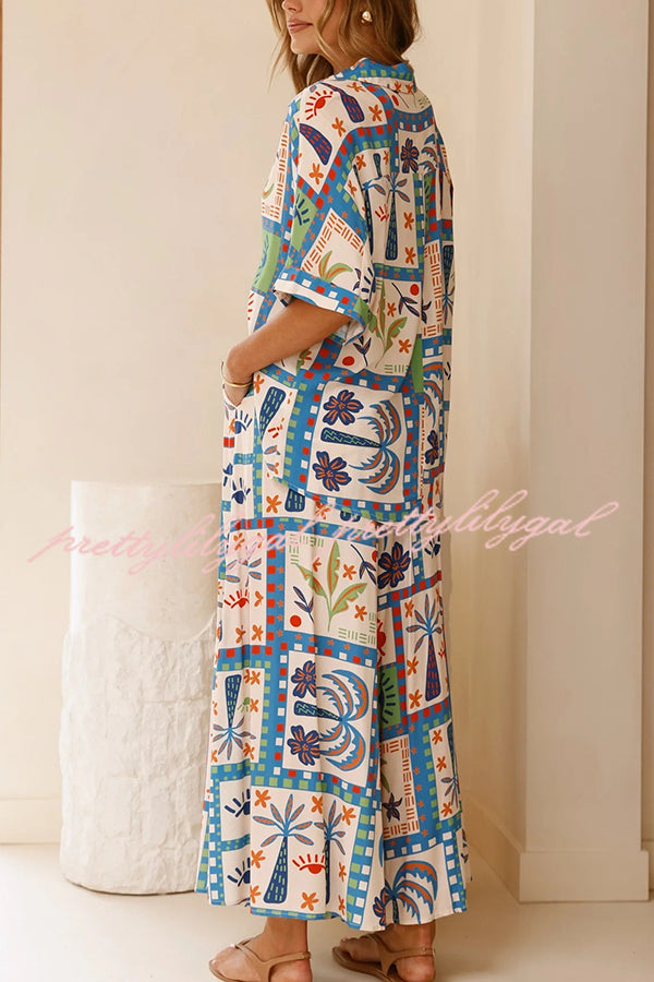 Unique Print Lapel Short Sleeve Loose Shirt and Elastic Waist Casual Pocket Wide Leg Pants Set