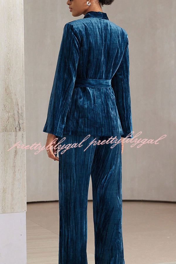 Solid Color Velvet Pleated Long-sleeved Tie Top and Casual Pocket Straight-leg Pants Set