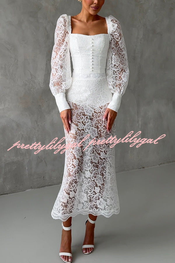 Timeless Moment Floral Lace Square Neck Button Up Balloon Sleeve Top