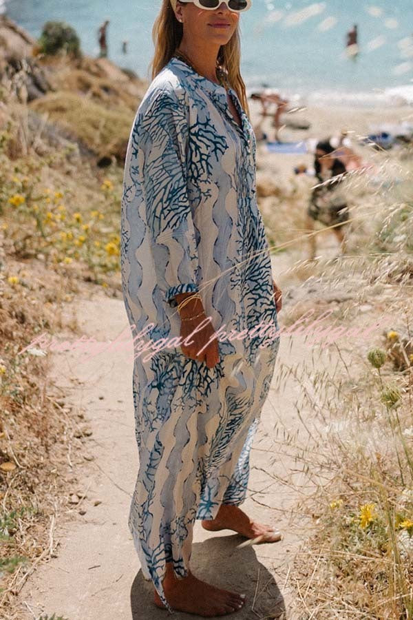 Quiet Sea Unique Print Pleated Neck Long Sleeve Slit Kaftan Maxi Dress
