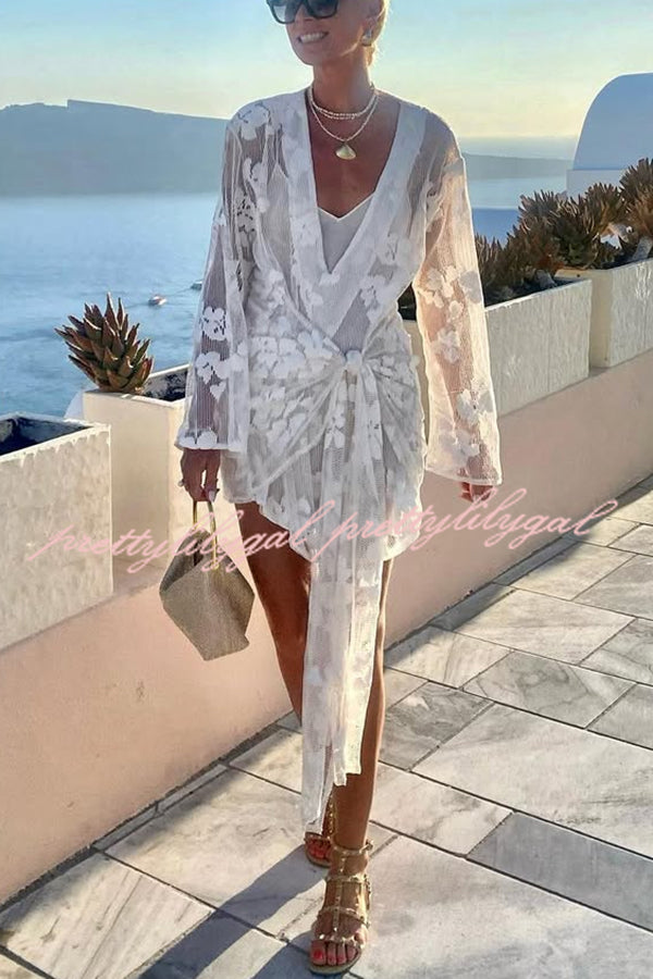 Beach Elegance Floral Lace Long Sleeve Wrap Tie-up Vacation Mini Dress