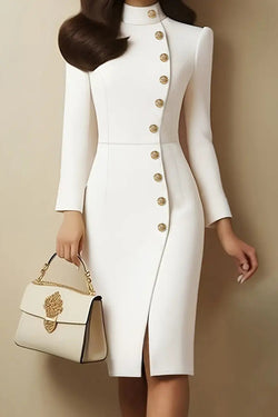 Solid Color Stand Collar Metal Button Slim Midi Dress Solid Color Stand Collar Metal Button Slim Midi Dress