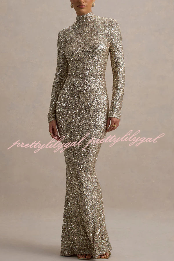 Galaxy Premium Sequin Turtle Neck Long Sleeve Maxi Dress