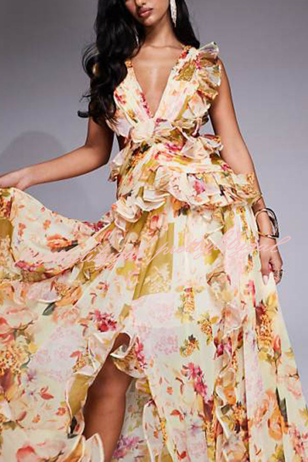 Wedding Season Chiffon Floral Ruched Plunge Open Back Maxi Dress