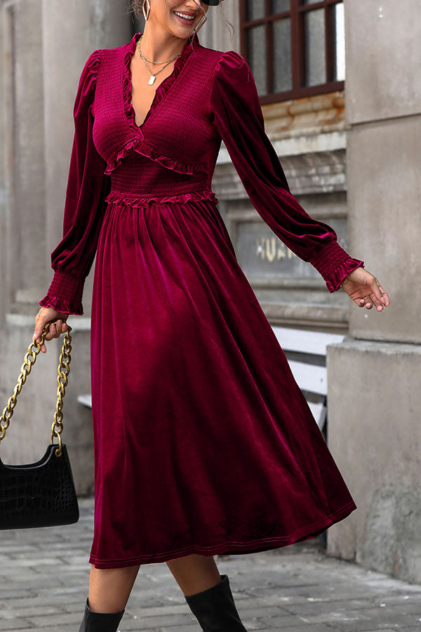 Solid Color Velvet Pleated Ruffled V-neck Long Sleeve Elegant Midi Dress