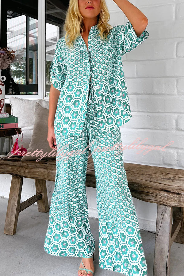 Floral Print Loose Short Sleeve Shirt and Elastic Waist Wide Leg Pants Set