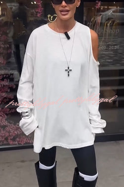 Various Ways Cutout Shoulder Long Sleeve Side Button Relaxed T-shirts