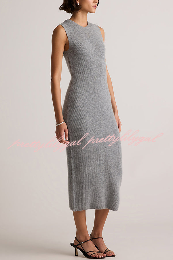 Soft and Warm Cashmere Ribbed Knit Sleeveless Midi Sweater Dress