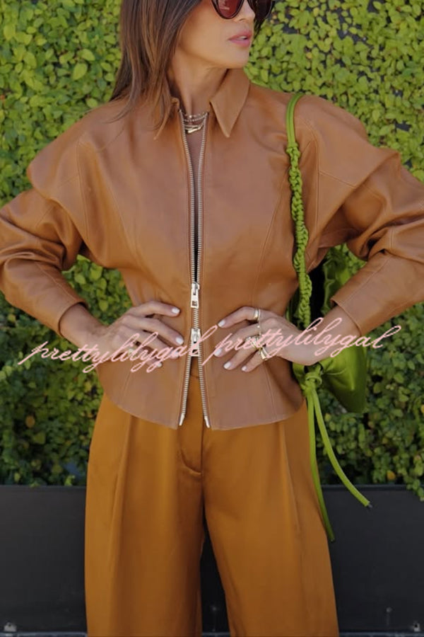 Pop of Brown Faux Leather Double Zipper Detail Balloon Sleeve Lapel Jacket